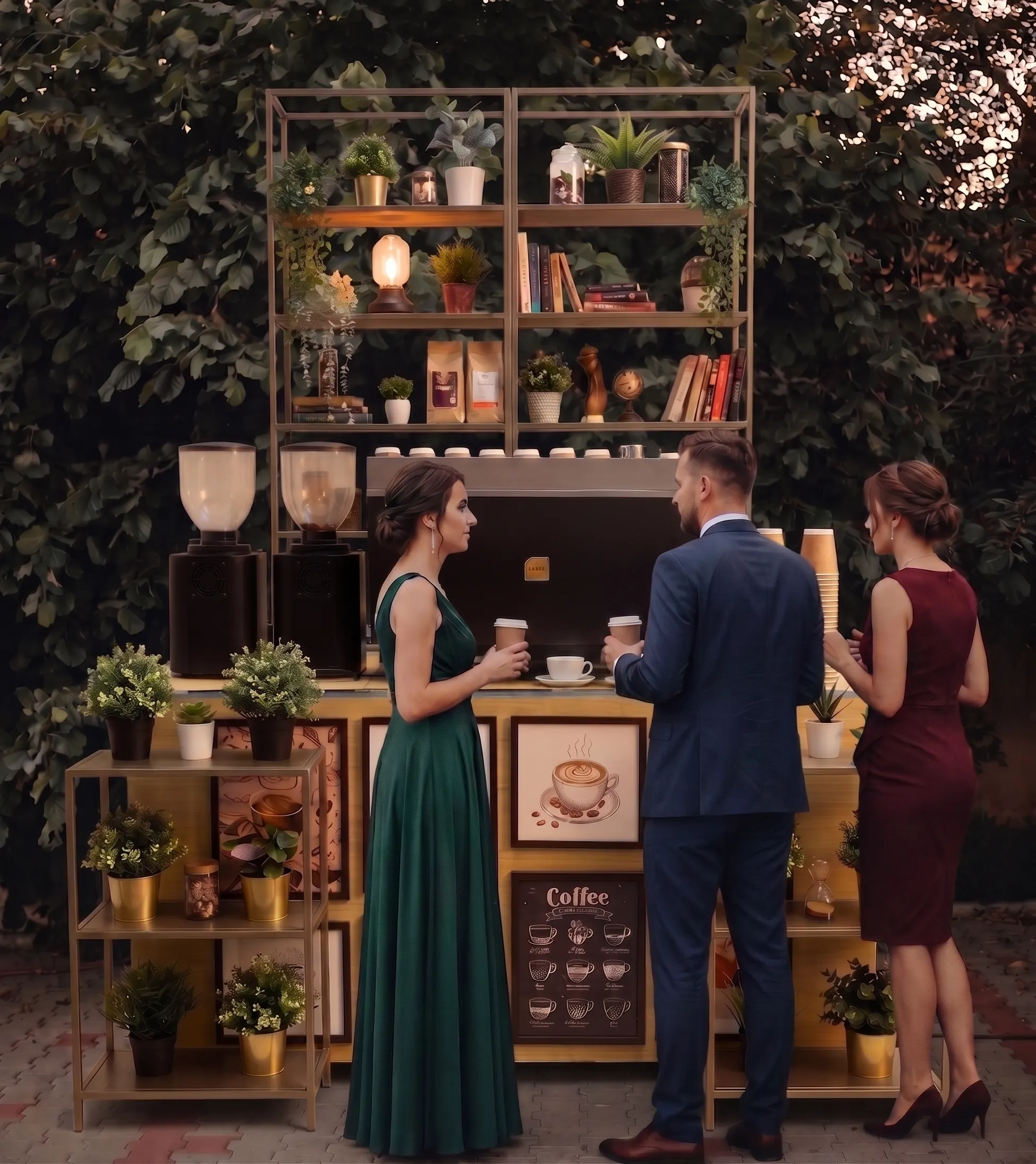 Barul Coffee Favours într-o grădină, invitați cu pahare kraft