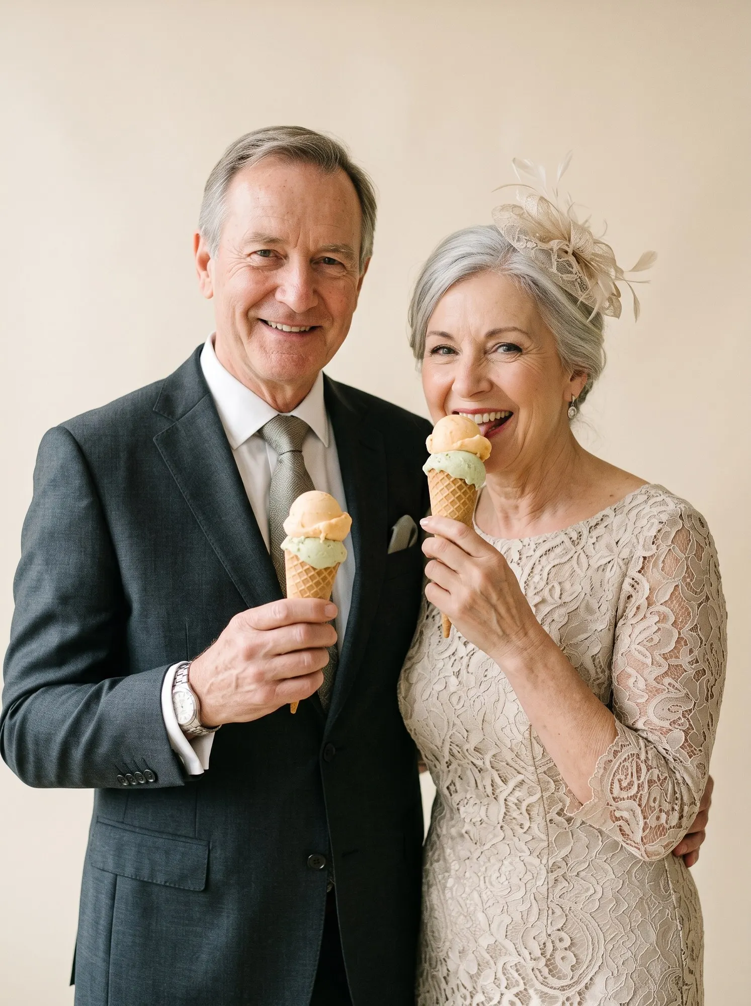 Părinții, cu un con de gelato în mână