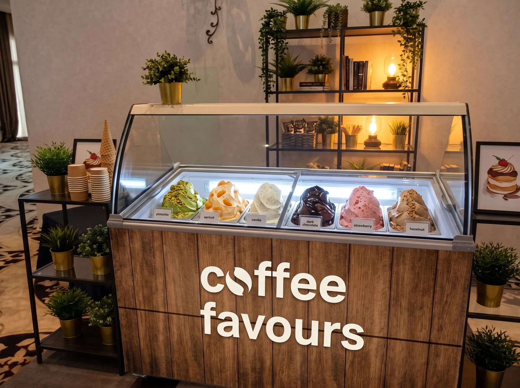 Vitrina de gelato Coffee Favours montată într-o sală de nuntă, cu cuvele de gelato