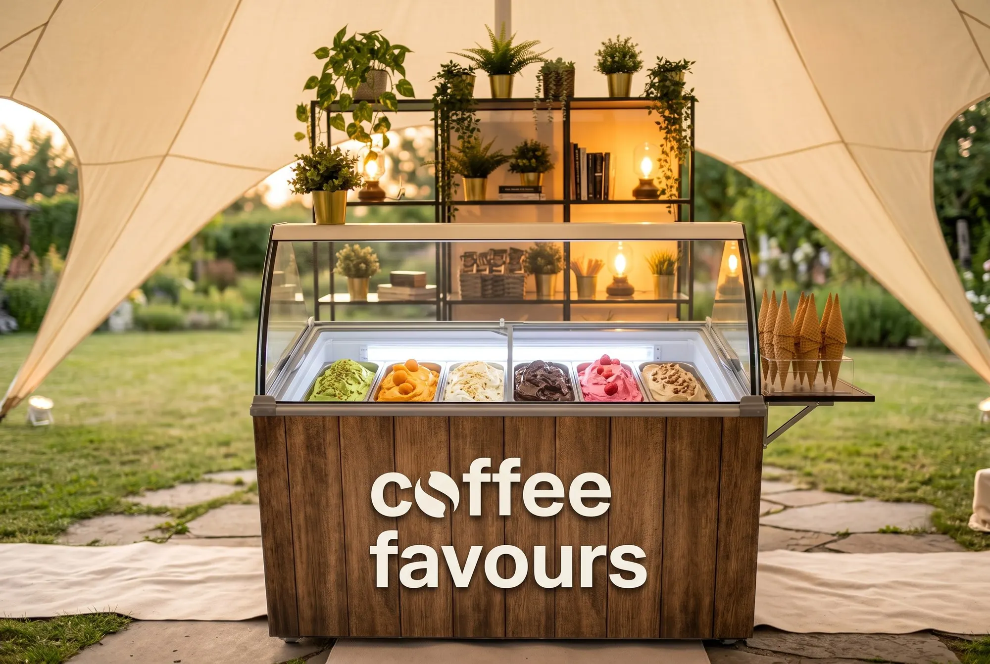 Vitrina de gelato Coffee Favours sub un cort, într-o grădină