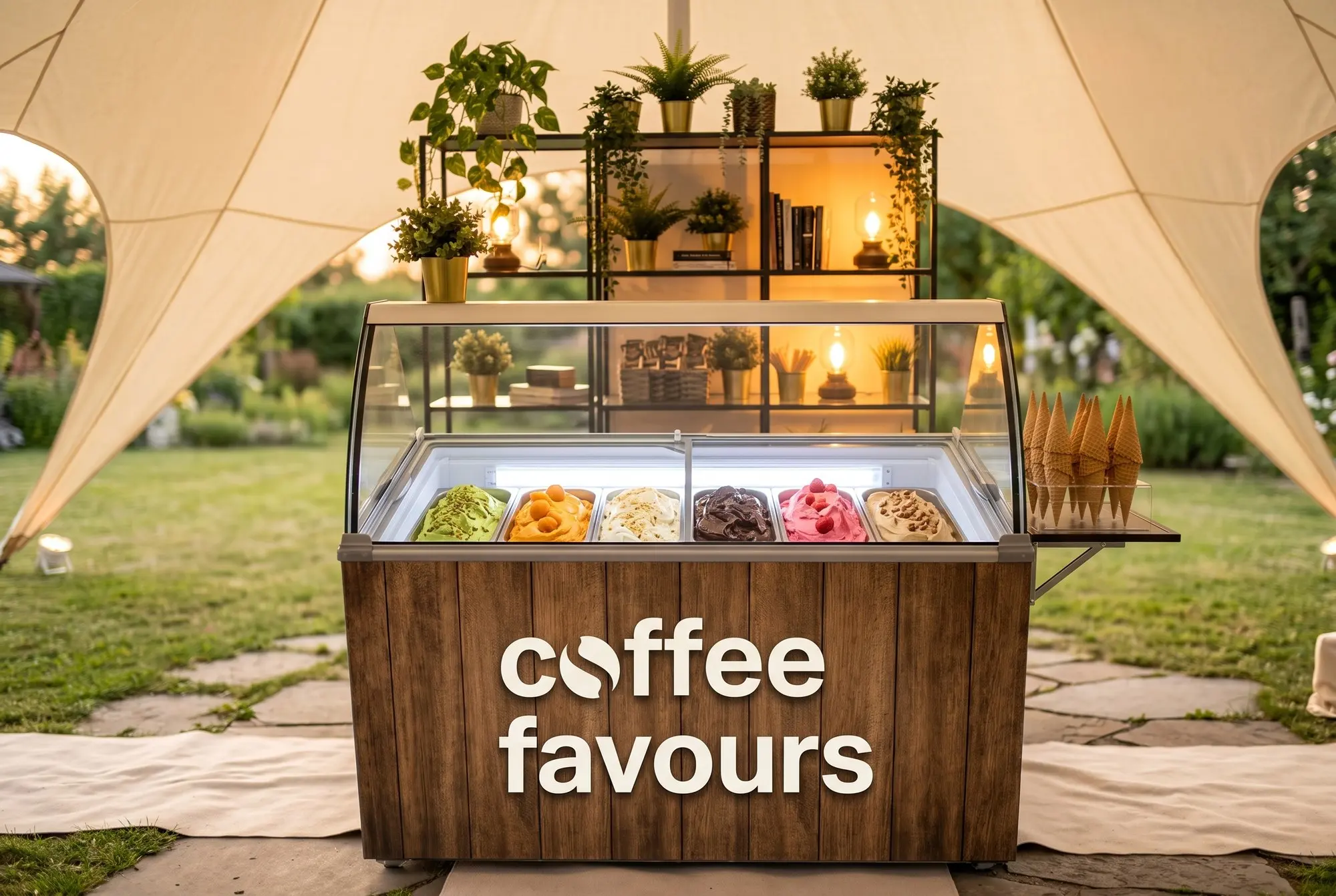 Vitrina de gelato Coffee Favours sub cort, într-o grădină, la apus